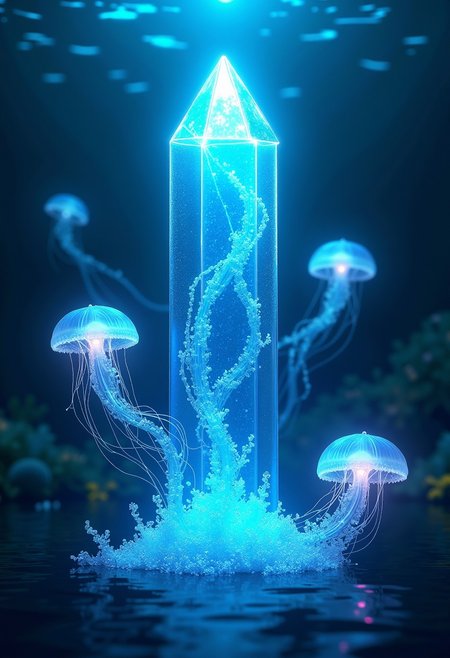 (Bioluminescent glow, ethereal ocean) A scene where a towering, radiant blue crystal emerges from the depths of a mystical ocean, surrounded by ethereal jellyfish with iridescent tendrils. The crystal pulses with an otherworldly light, as if it holds the essence of the ocean itself. The jellyfish float gracefully around it, their bioluminescence blending with the crystal’s glow, creating a harmonious dance of light in the deep, dark waters. [Cosmic echoes] ripple through the scene, blurring the line between reality and fantasy.
