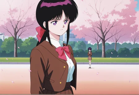 anime screenshot, anime screencap, anime coloring, retro artstyle, 1980s \(style\), 1girl. black hair, long hair, sidelocks, low ponytail, hair bow, purple eyes, school uniform, white shirt, brown skirt, brown blazer, brown skirt, outdoors, park, petals <lora:Pai_3x3_eyes:1>, masterpiece, best quality, amazing quality, very aesthetic, absurdres, highres, newest