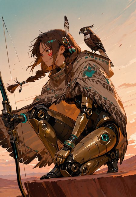 (masterpiece, best quality), 8k, serious side profile of a Native American-inspired android girl, brown hair,long twin braids,gold eyes,
BREAK

kneeling on one knee, on a cliff, overlooking the vast desert below,(holding a hunting bow,perfect product),traditional face paint,(hair and cloak fluttering in the wind:1.2) ,patterned tribal design on the cloak,(a mechanical hawk perched on her shoulder),Turquoise Bracelet around one arm,feathers and beads in her hair, dramatic lighting, sunset sky, cinematic mood,
BREAK

mechanical skin,mechanical legs,mechanical arms