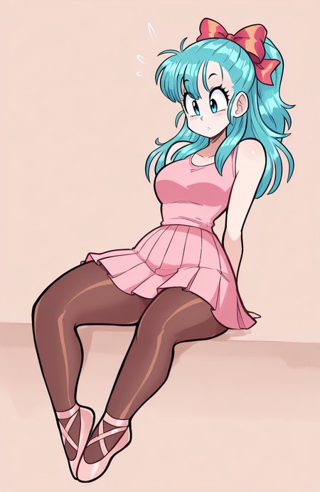 1girl, solo,
bulma, blue eyes, blue hair, long hair , trapeze artist outfit, sleeveless top, pleated skirt, pantyhose, ballet flats, hair ribbon, sitting, leaning back, energetic burst, lively eyes, dynamic tension,
 <lora:JamoART_v4:1> jamoart, extremely detailed, highres, masterpiece, best quality