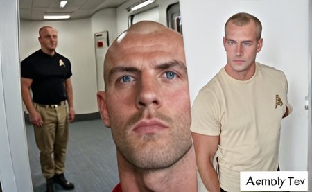 1boy, 20 year old male, Handsome, masculine, blonde, star trek, red shirt, muscle,  tall, tight shirt, wide pectorals, big shoulders, wide shoulders, muscular neck, German, standing at attention, bald, big pale blue eyes, abs, biceps, serious facial expression, phaser, hand, long bulge in his pants, ((((view from below)))),
1960 black dress pants, pants,
stunf, star trek uniform, uss enterprise ncc-1701 interior background, star trek, space ship interior, 1960s TV,