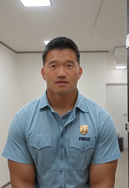 score_9, score_8_up, score_7_up, realistic, photorealistic, highly detailed, intricate details, depth of field, 1male focus, black hair, (shiny oily skin), mature male, mature, muscular, large pectorals, puffy nipples, (((htkangface))), East Asian face, male focus,bara,muscular male, pectorals, muscular, large pectorals, huge nipples, lactation, tanned skin, fucking, tanned skin, close up portrait, zoom in face, looking at viewer, (((folding arms))), white background,  indoors, seductive face, (((light-blue collared shirt, rank slides, police uniform)))