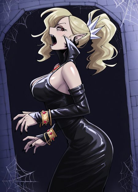 <lora:gingrjokeILLUS:1> gingrjoke,
(masterpiece), (best quality), (ultra-detailed), amazing quality, very aesthetic, illustration, perfect composition, intricate details, absurdres, incredibly absurdres, shiny skin, realistic,
dynamic pose, perspective, gingrjoke, 1girl, pointy ears, jewelry, open mouth, red eyes, blonde hair, detached sleeves, ponytail, black dress, vampire, earrings, from side, breasts, sharp fingernails, fangs, black nails, bare shoulders, bracelet, teeth, spider web