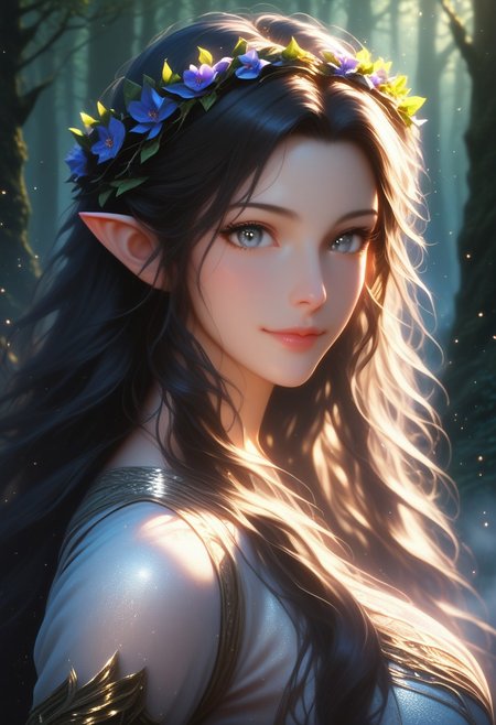 (score_9, score_8_up, score_7_up), 1girl, MILF, solo, gorgeous girl, detailed face, kawai girl, Expressiveh, <lora:add-detail-xl:1>, cute face, cute girl, Curvaceous Physique, easynegative, forest,tall trees, fog,  enchanted forest,  perfect quality, high quality, ambient occlusion, raytracing, source_anime, shining glossy skin, soft lighting, realistic skin, blum effect, masterpiece, absolutely eye-catching, 
 Lúthien, (masterpiece), best quality, expressive eyes, perfect face, black hair,  ((pointy ears:0.6)), perfect eyes, ((grey eyes)), silhouette, light particles, view from side, long flowing hair, ((Lord of the Rings elven dress intricate)), simple medival dress, linen dress, flower crown, steam, fog,