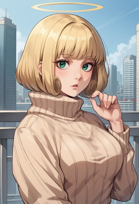 anime artwork, score_9, score_8_up, score_7_up, score_6_up, score_5_up, solo, perfect eyes, detailed eyes, beautiful female, detailed face, dynamics lines, 20 year old, perfect beautiful face, long eyelashes, sharp eyes pupils, (city:1.3), (upper body:1.5), medium breasts, 1 girl, blonde hair, bangs, halo, green eyes, beige sweater, black tights,