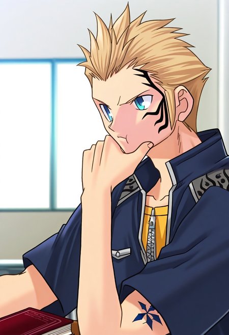 masterpiece, best quality, <lora:Tsukihime NXL:1>,solo,masterpiece, best quality, 
zell, 1boy, male focus, solo, blue eyes, blonde hair, short hair, spiked hair, tattoo, facial tattoo, uniform, seed uniform, military uniform, jacket, grey jacket, popped collar, short sleeves, zipper, frown, upper body
indoor, classroom, elbow on desk, classroom, headrest, chin in hand, book on desk, pout