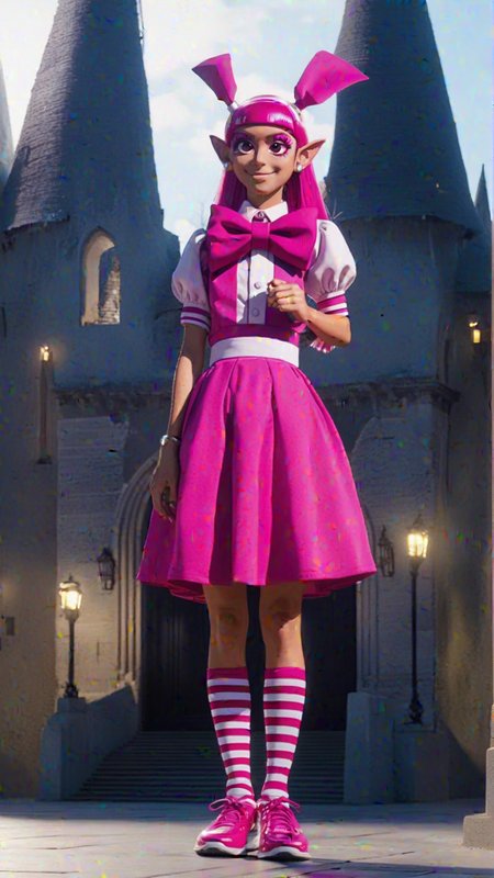 spooky gothic architecture, demon realm, BREAK, <lora:WelcometoDemonSchoolIruma-kun_V1_SDXL:1>, 1girl, professional photograph of Bachiko,  bow, bowtie, dress, earrings, full body, grin, hand on hip, jewelry, long hair, looking at viewer, pink bow, pink bowtie, pink dress, pink eyes, pink footwear, pink hair, pointy ears, puffy sleeves, sharp teeth, shoes, short sleeves, smile, solo, standing, straight-on, striped, striped legwear, teeth, transparent background, twintails, BREAK, facing viewer, cinematic composition, Unreal Engine 5, Hyper realism, Hyper detailed, Raytraced, Dynamic Lights and Shadows, Depth, Masterpiece, Award Winning, Intricate Detail, Design, 8k, UHD, Wide Angle Shot, BREAK, Hyper realistic, Volumetric Lighting, surreal lighting, Subsurface Scattering, Photorealistic, best quality, intricate details, tonemapping, sharp focus, hyper detailed, absurdres, highres, magazine photoshoot, BREAK, (((professional wide angle full body photograph))), vivid Colors, <lora:detailed_hands-000002:0.7>,