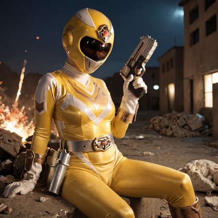 20yo, score_9, score_8_up, score_7_up, shiny oild skin, 
sentaisaintforce, yellow bodysuit, silver belt, white gloves, spandex, wing-shaped chest symbol, medium breasts, helmet removed, no headwear, 
holstered, handgun, holster, 
 city ruin, rubble, sitting, night, explosion, 
 <lora:Saint_Force:0.8>