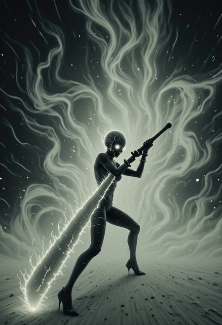 A hauntingly beautiful, cinematic shot showcases a terribly lethal yet graceful biosynthetic humanoid woman. With her bright synthetic eyes and white matte translucent skin that appears as if made of frosted glass or polished alabaster, she wields an unbelievably massive sword more than twice her size with finesse and ease, making every movement seem like a dance rather than brutal violence. Backlighting creates dramatic atmospheric glow around the woman, illuminating swirling elements in the air while highlighting sharp edges of her frightening visage. Her face is focused yet subtly happy as she cuts through the air with her massive sword, leaving a trail that seems to glimmer and shimmer with every swing. The scene captures both the intense lethality of this biosynthetic warrior and the haunting beauty inherent in her synthetic form., <lora:m100-style_v.02:0.096><lora:m100-flux:0.5> M100-style,<lora:Dystopian_Style:0.64> 0y5top1a8e, <lora:The_Vanguard:0.5> SentinelBot <lora:ssw:0.75> giant sword, A hauntingly beautiful, cinematic shot showcases a terribly lethal yet graceful biosynthetic humanoid woman. With her bright synthetic eyes and white matte translucent skin that appears as if made of frosted glass or polished alabaster, she wields an unbelievably massive sword more than twice her size with finesse and ease, making every movement seem like a dance rather than brutal violence. Backlighting creates dramatic atmospheric glow around the woman, illuminating swirling elements in the air while highlighting sharp edges of her frightening visage. Her face is focused yet subtly happy as she cuts through the air with her massive sword, leaving a trail that seems to glimmer and shimmer with every swing. The scene captures both the intense lethality of this biosynthetic warrior and the haunting beauty inherent in her synthetic form., <lora:m100-style_v.02:0.35><lora:m100-flux:0.65> M100-style,<lora:Dystopian_Style:0.6> 0y5top1a8e, <lora:The_Vanguard:0.5> SentinelBot