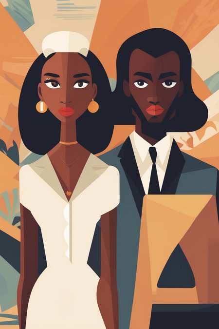 Josh Agle Style - a flat design illustration of a black woman and a white caucasian man.