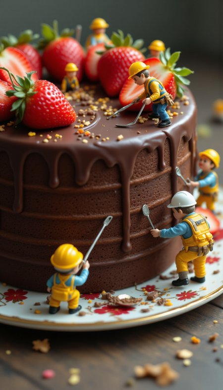 aidmafluxpro, pinkfluxproultrafantasia, 
Hyper-realistic macro shot of tiny construction workers decorating a giant chocolate cake. Some are piping intricate icing designs, while others are placing slices of strawberries and sprinkles on top. The cake is positioned on a decorative plate, creating a delightful and detailed mini culinary world.