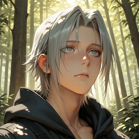 masterpiece, best quality, amazing quality, absurdres, newest, detailed background, definition so sharp, Ultra-HD, 8K cinematic, very awa, impressionate, amazing quality, highres, 
solo, male focus, manly, 
yashiroisana, 1boy, short hair, parted bangs, shiro_pretime, shiro_grey hair, shiro_grey eyes, looking around, curious expression, calm, forest, sunlight, dappled light, playful, aesthetic, serene, youthful