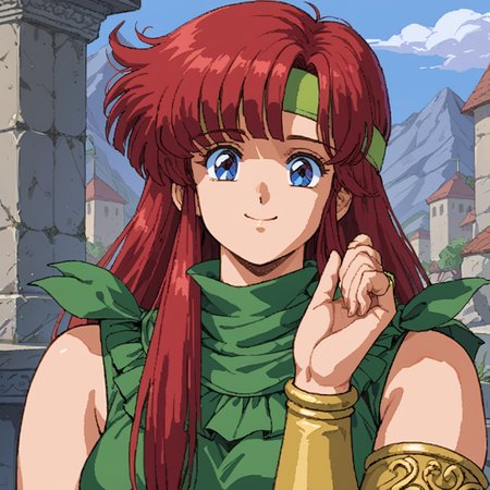 score_9, score_8_up, score_7_up, score_6_up, score_5_up, rating_questionable, source_anime BREAK 1girl, solo, headshot, close-up portrait, DKLuna, DK1Luna, 1girl, bridal gauntlets, smile, green frilled dress, headband, skirt, sleeveless, <lora:DKLuna_SDXL-000005:1.0>