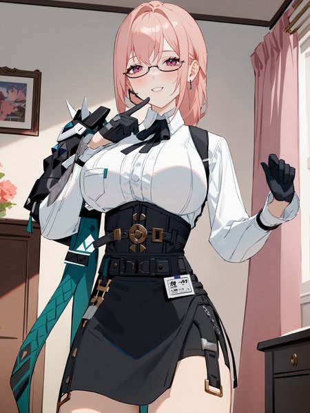 1girl, tsukishiro yanagi, solo, glasses, black gloves, high-waist skirt, white collared shirt, single pauldron, earpiece, harness, neck ribbon, looking at viewer, seductive smile, ecstasy, gasping, finger to cheek, standing, cowboy shot, bedroom, indoors, blurry background <lora:Char-ZZZ-Yanagi-SDXL-V1:0.9>, masterpiece, best quality, very aesthetic, ray tracing, newest, (hitenkei, askzy:0.5), [<lora:detailed_notrigger:0.95>::0.5]