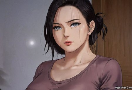 masterpiece, intricate details, manhwa milf, queen bee ami, grey eyes, black hair