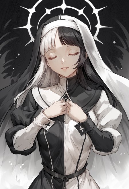 score_9,score_8_up,score_7_up, score_6_up, nun, female, solo, closed eyes, habit, long dress, puffy sleeves, long sleeves, hands together, hand on own chest, sleeve cuffs, medium breasts, upper body, facing viewer, dual persona, hand on hand, two-tone dress, two-tone background, (church, temple, columns, stained glass, detailed background:0.25), abstract background, symmetry, palms together, 
monochrome, black dress, habit, black veil, black background, white slee cuffs, light smile, parted lips, white hair, straight hair, blunt bangs, sidelocks, front view, closed eyes,
monochrome, white dress, habit, white veil, white sleeves, white background, light smile, black sleeve cuffs, parted lips,black hair, straight hair, swept bangs, blunt bangs, sidelocks, front view, closed eyes,