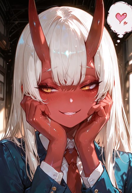 masterpiece, best quality, good quality, newest, highres, absurdres, volumetric lighting,gradient color,
BREAK 
raytracing, volumetric lighting, ambient occlusion, girl, luminescent background, masterpiece, best quality, very awa, absurdres, 
BREAK
Aka-Oni, oni, colored skin, (red skin:1.3), straight horns, solo, long hair, model style,
evil eyes, evil, bullying, sinister, 
BREAK
masterpiece,amazing quality,best quality,ultra-detailed,8K,illustration,CG,shiny hair,clear skin,ultra-detailed-eyes,detailed background,cute girl, eyelashes
BREAK,
collared shirt, red necktie, blue blazer, blush, yandere smile, happy,  portrait, upper body, looking at another, look down, looking to the side, hand on own cheek, heart, thought bubble, spoken heart, blood,