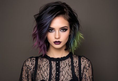 Dark Fantasy Art, (masculine pose:1.25), (casual dress:1.25), (professional photo, balanced photo, balanced exposure:1.2), portrait, (woman 24-years-old :1.15), well-built, (hazel eyes:1.05), (black lips:1.05), (cupid's bow lips:1.05), (multicolored hair color:1.05), (medium hair length:1.05), disheveled, (anime makeup:1.05), (black make-up color:1.05), (eyeshadow make-up:1.05), (eyeliner make-up:1.05), (mascara make-up:1.05), (lipstick make-up:1.05), (lip gloss make-up:1.05), detailed body, detailed face, solo shot, chobbybobcut, dark, moody, dark fantasy style,<lora:Chobby_Bob_Cut.safetensors:1.0:1.0>,,