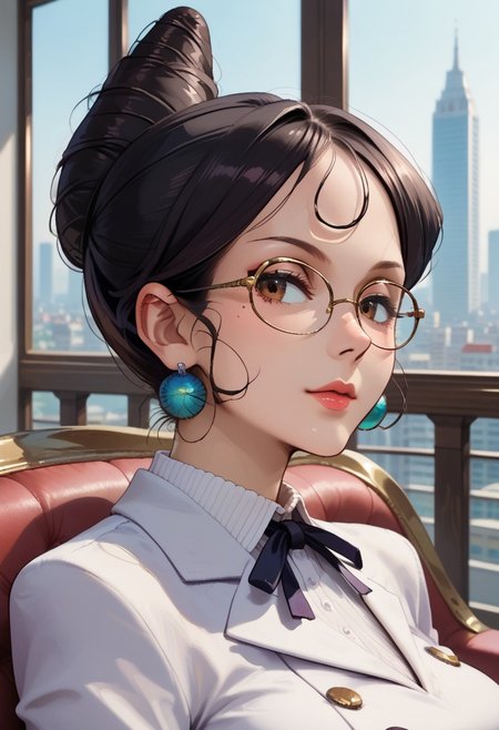 score_9, score_8_up, score_7_up, absurdres, anime screencap, anime_source, very aesthetic, illustration, perfect composition, eye catching, intricate details, vibrant colors, 1 girl, upper body, thick body, 
mature female, 45 years old, milf, msvictoria, brown eyes, glasses, ball earrings, large breasts, black hair, high bun hair, hair bun, mole under mouth, double breasted blazer, neck ribbon, pencil skirt, pantyhose, high heels, crossed legs, detailed hair, perfect skin, seductive, suggestive, sitting on a fancy chair, submissive, 
BREAK
skindentation, indoor, city background, detailed, high quality, zPDXL3