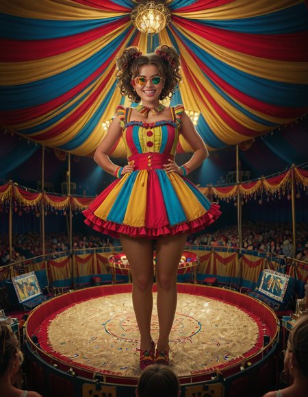 focus on woman face,rating_safe,A vibrant and colorful scene inside a grand circus tent,grand c1rcus, featuring a woman dressed as a whimsical clown. She is wearing an elaborate costume with a mix of bold patternsâred and white stripes, polka dots, and bright yellow accents. Her hair is styled in playful, oversized curls, dyed in shades of blue and pink. She is standing center stage, under a spotlight that casts a warm glow, making her sequined outfit sparkle. Her pose is dynamic and engaging, as if she is about to perform a trick or joke, with a wide, inviting smile. The background showcases the lively atmosphere of the circus, with colorful banners, a large audience in shadowy rows, and hints of other performers or props like juggling pins or unicycles. The overall lighting is bright and cheerful, emphasizing the magical, festive mood of the circus.<lora:SDXLFaeTastic2400:0.4> <lora:extremely_detailed:0.4> extremely detailed, <lora:grand_c1rcus:1>, Masterpiece,best quality,hi res,8k,hi res,8k,award winning,(sharp focus, intricate, highly detailed),
