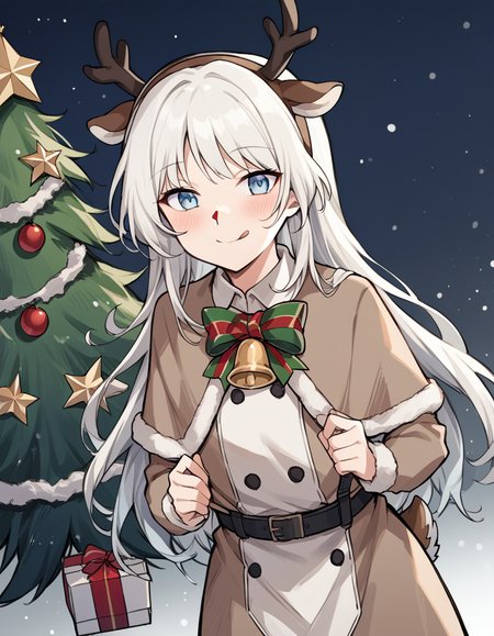 score_9, score_8_up, score_7_up, source_anime, <lora:girlsfrontline-an-94-ponyxl-lora-nochekaiser:1>, an-94, an-94 (girl's frontline), long hair, blue eyes, white hair,, <lora:reindeer-costume-ponyxl-lora-nochekaiser:1>, reindeer costume, animal costume, reindeer antlers, antlers, fake antlers, reindeer hood, christmas, red nose, deer ears, deer tail, christmas tree, bell, horns, reindeer,, blush, smile, tongue out, looking at viewer,, , dutch angle, cowboy shot