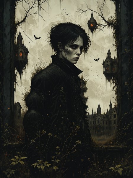 macabre style, digital illustration of Rogue scientist experimenting with forbidden tech, Abandoned, overgrown asylum with broken windows in the background,, dark, gothic, grim, haunting, highly detailed smooth, artstation, digital illustration by Ruan Jia and Mandy Jurgens and Artgerm and Wayne Barlowe and Greg Rutkowski and Zdislav Beksinski   <lora:Misty_Vintage:0.7> <lora:xl_more_art-full_v1:0.3>