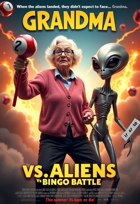 A hilariously unexpected movie poster titled "Granny vs. Aliens: The Final Bingo Battle." The central image features an elderly woman with a determined expression, gripping a giant bingo dauber like a weapon in one hand, while the other hand holds a knitting needle ready for action. She’s wearing a fluffy pink cardigan and large glasses that make her look every bit the sweet grandma, but her stance is fierce and action-hero-like. 
Beside her stands a confused and slightly intimidated alien, with big, glowing eyes and a shiny silver suit, clutching a bingo card as if it’s an alien artifact. They’re surrounded by a bright, exaggerated explosion in the background, complete with flying bingo balls that have the numbers glowing brightly. The tagline at the top reads, “When the aliens landed, they didn’t expect to face... Grandma!” 
At the bottom, in smaller text, it humorously proclaims: “This summer, it's daub or die!” The overall vibe is a mix of classic sci-fi and over-the-top action comedy, capturing the absurdity of this unlikely duo.