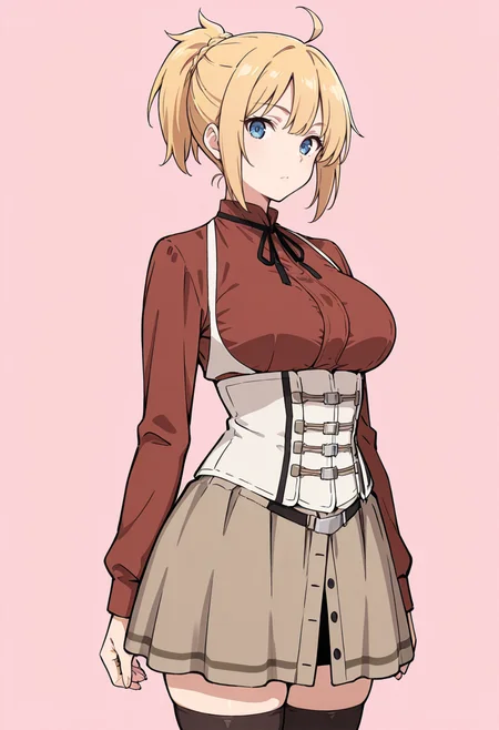 masterpiece, best quality,
1girl, solo, cowboy shot,
standing,
looking at viewer,
<lora:Zenith_Greyrat:1> Z3n1thGr41r4t, blue eyes, blonde hair, ponytail, ahoge, 
brown skirt, thighhighs, shirt, corset, long sleeves, neck ribbon, 
simple background, pink background,
