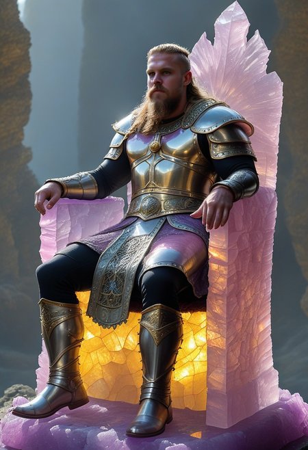 flu0rite, iridiscent, VALHERO viking king wearing armor sitting on a fluorite throne