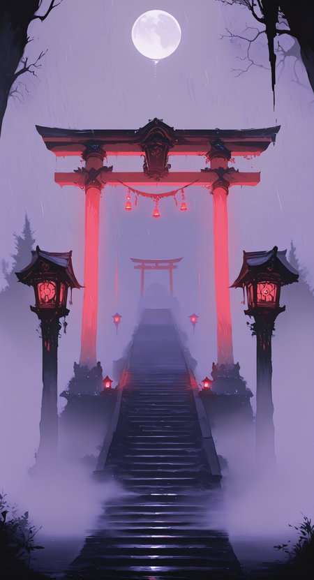 masterpiece, best quality, good quality, very awa, newest, highres, absurdres, torii gate, moon, rainy night, mystical forest, lanterns, mist, moonlight, serene, atmosphere, fog, steps, glowing light, tranquil_ambience, limited palette, <lora:illustriousXL_stabilizer_v1.23:0.3> <lora:NOOB_vp1_detailer_by_volnovik_v1:0.3> <lora:ponyv6_noobE11_2_adamW-000017:0.3> <lora:114558v4df2fsdf5:0.6> <lora:XXX667:0.4> <lora:mon_monmon2133:0.5>