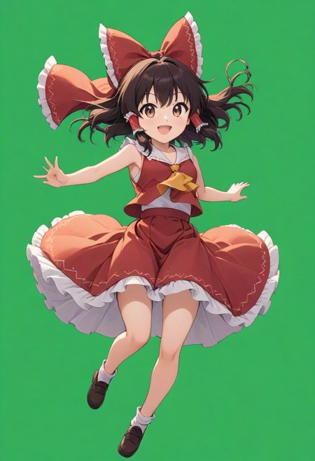 hakurei reimu, 1girl, red_bow, hair_bow,  frilled_bow, frilled_hair_tubes, w, open mouth , sakura skirt<lora:hakurei_reimu_image6409_2023-12-06-000004:1>,symbol-shaped_pupils,. gorgeous,key visual, vibrant, studio anime,award-winning, professional, highly detailed,high budget, cinemascope, jump, fantasy, masterpeice, sakura skirt, smile, creative, artwork, magic, floating , jump forward, energetic, excited, simple backgound, single color background, charming, wind,green screen
