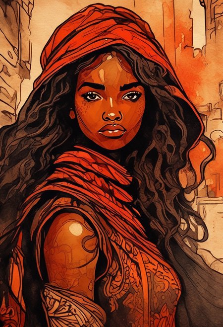 (Ink illustration on parchment). coal skies painted in vibrant shades of red and orange, a lone young woman ina massive medieval city, fantasy rogue outfit, lickers of magical energy, Ink splashes, rough ink sketch, moody, gloomy, high contrast, stylized, dark skin, close up on face, leather medieval top with straps, Art Nouveau Style, face portrait close up, African girl with intense expression, freckles