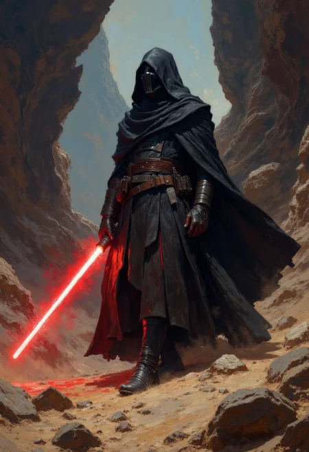 DB4RZ style painting. A detailed image of lone jedi holding lightsaber. Epic background. Otherworldly. <lora:FLUX-daubrez-DB4RZ-v2:1.2>, <lora:flux.1_lora_flyway_Epic-detail_v2:0.9>