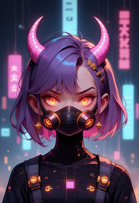 (score_9,score_8_up,score_7_up,score_6_up), moves with fluid grace,their luminescent skin reflecting the neon glow of the futuristic skyline. Their otherworldly eyes,pulsating with hues of violet and amber,scowl,body scales,portrait,wearing a full faced mask,emitting glowing energy,intense gaze,hair made of gold,small breasts, kawaii cyberpunk, kawaii cyberpunk style, vibrant, pastel color palette, dynamic hair design, kawaii clothing style, tech-inspired accessories, glowing effects, kawaii aesthetic, chibi aesthetic, whimsical floating objects, popping visual effects, fantasy elements, detailed accessories