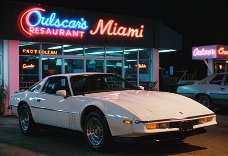 MiamiVice, sportscar, restaurant, night, neon sign "Miami Vice", outdoors, highly detailed, 4K, stylish grainy analog 35mm film photo