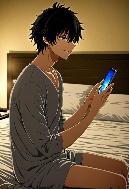 high resolution, solo, best quality, 1Boy, Seiya Kanie, black hair, short hair, holding smartphone, sit, on the bed, happy, side view, indoor, bed, bright, OverallDetail