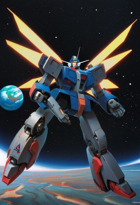 score_9, score_8_up, scoe_7_up, R3TR0SC1F1, retro artstyle, science fiction, mecha, robot, mechanical, glowing, space, planet, gundam, enery weapon, energy wings,
