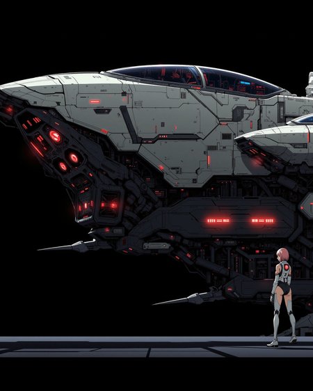 A digital anime artwork in the style of cklg, anime, hard science fiction, a sexy female pilot is inspecting her futuristic, highly advanced space ship seen from the side, with a big air inlet on the front. the vehicle has a silver color, the bottom of the vehicle is black and made out of sharp razor edge metal. the space ship is adorned with intricate, metallic details, and mechanical components, giving it a highly advanced, industrial military look. dark lighting, glowing, intense red light diods on the air inlet emit a menacing, otherworldly glow.