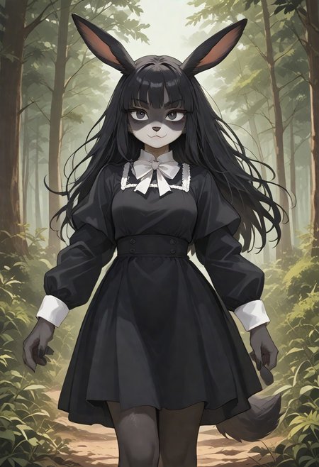Score_9, Score_8_up, Score_7_up, Score_8_ Score_9, Score_10, Furry, Anthro, bunny, female, body fur: grayish, black eye, black hair long, body: pear, normal boob, normal thighs, SFW, smug, outside forest pine, blur background, black gothic dress with long sleeve, standing shy, black thighs stocking sock, walking, white bow with ribbon neck,