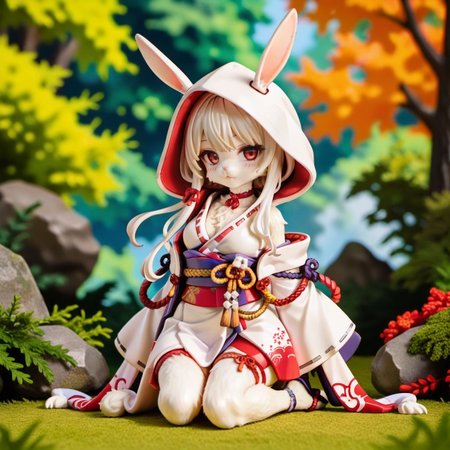 score_9, score_8_up, score_7_up, score_6_up, yuran, rabbit ears, rabbit tail, white fur, body fur, 
1girl, solo, furry female, animal ears, hood, looking at viewer, hood up, japanese clothes, kimono, red eyes, choker, closed mouth, red choker, sash, breasts, kneeling, blush, (forest, nature background),
<lora:ava_choco_yuran_race_v1-000005:0.9>,
<lora:add-detail-xl:1>,