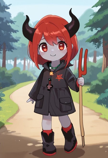 score_9, score_8_up, score_7_up, BREAK
highres, highly detailed, high resolution, high quality, 
source_anime, anime screencap, saturation, vivid colors, 
1girl, solo, luce, full body, standing, demon girl,
(dark red hair:1.2), (big dark red eyes:1.1), medium hair, cute, (grey skin:1.1), (horns:1.2), 
(long black raincoat:1.1), black rubber boots, 
pentagram necklace, holding red trident, holding red pitchfork,
pikaole, cute, bokeh,
blurry background, forest background, path