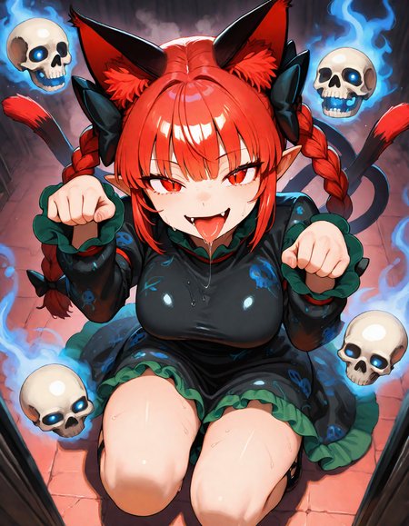 munakata_(sekimizu_kazuki), hamada_yoshikazu,negative space, cinematic shot, masterpiece, highres, absurdres, newest,  wide shot, ,slimes_skullwm,made of skulls,kaenbyou_rin, touhou, 1girl, pink_hair, red_eyes, solo,animal_ears ,black_bow, black_dress , braid,breasts, cat_ears , dress,extra_ears, fang ,frilled_dress ,frills, hair_bow ,large_breasts ,long_eyelashes  ,long_sleeves ,looking_at_viewer ,multiple_hair_bows, pointy_ears ,red_bow , red_hair, slit_pupils, smil,tight_clothes ,tight_dress, twin_braids ,fang, crazy_eyes ,seductive smile, steaming body, in heat, sweaty,paw_pose , squatting, tongue, tongue_out , saliva,saliva_trail ,saliva_drip ,open mouth, from above, surround by skull,
<lora:SlimesSkullWM:1> <lora:ponyv5_noobE11_1_adamW:0.7> <lora:illustrious_noobai_epsilon_pred_11_very_aesthetic_v1:0.7> , <lora:kaenbyou_rin_image6792_2023-12-20:0.6>