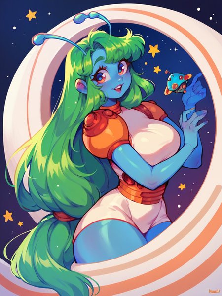 score_9, score_8_up, score_7_up, score_6_up,   <lora:4l13nXLP:1> 4l13n, colored skin, blue skin, space, antennae, curvy, cute, green hair, long hair,
