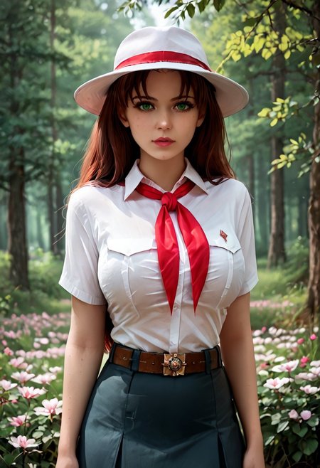 score_9, score_8_up, score_7_up, 
forest, outdoors,
1girl, olga dmitrievna,
long hair,brown hair,1girl,solo,green eyes,looking at viewer,big breasts,shirt,red tie,hat,belt,skirt,tree, outdoors,cherry blossoms