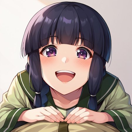 score_9, score_8, score_7, source_anime, kitakami (kancolle), single braid, tress ribbon, green serafuku, POV, looking at viewer, blush, smile, open mouth, upper teeth only