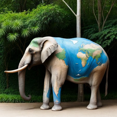 An elephant painted with a map. Viewed from the side. Outdoors. Trees, vines, jungle.

<lora:MapBody01_CE_XL_240-OT:0.6> mpbdyCE_style