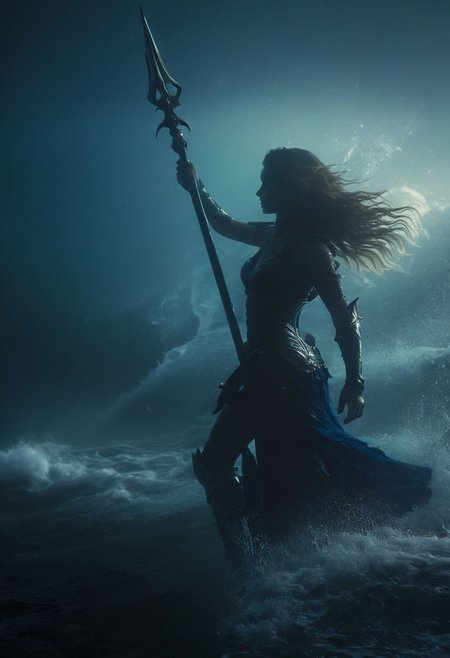 Captivating the Depths: A Water Goddess, her silhouette commanding against the deep blue sea, leans on her spear amidst roiling waves. Her flowing hair dances underwater, as her gaze pierces with an enigmatic intensity.
atmospheric haze, Film grain, cinematic film still, shallow depth of field, highly detailed, high budget, cinemascope, moody, epic, OverallDetail, 2000s vintage RAW photo, photorealistic, candid camera, color graded cinematic, eye catchlights, atmospheric lighting, imperfections, natural, shallow dof