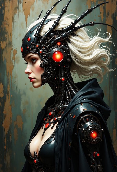 oil art, very detailed analog photo, atmospheric lighting and epic,(((faded colors))), fine grain, by H. R. Giger, White glowing hair,  Portrait of a  female with no Face and no eyes, billowing hair, and billowing feathered cloak, The  female's  head is adorned with a living, biomechanical crown that curves symmetrically backward. This ornate headdress is composed of glossy black exoskeleton-like segments, each topped with a bright red sphere that creates a hypnotic pattern of black and red. Similar biomechanical structures extend down the creature's neck and chest, forming an intricate organic necklace. neon and black colored, mysterious, abstract and surreal, organic background,medium breasted, high tech bra, Half-Turn Rear View,