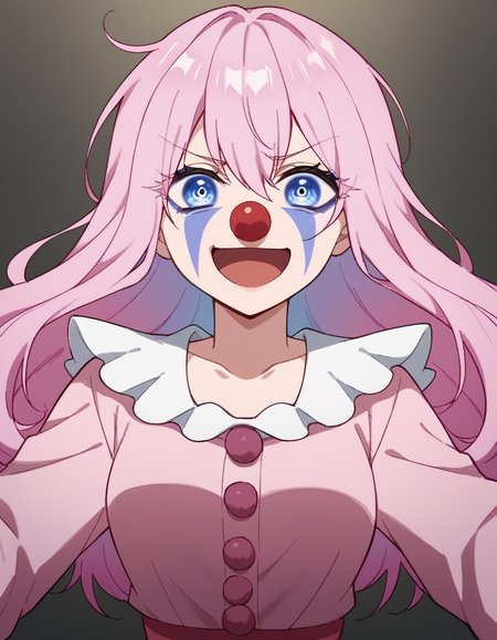 score_9, score_8_up, score_7_up, source_anime, <lora:miyako-shikimori-s1-ponyxl-lora-nochekaiser:1>, miyako shikimori, long hair, blue eyes, hair between eyes, pink hair, medium breasts,, <lora:clown-ponyxl-lora-nochekaiser:1>, clown, makeup, clown nose, facepaint, gloves, long sleeves, frills, dress,, smile, open mouth, smug, , dutch angle, cowboy shot