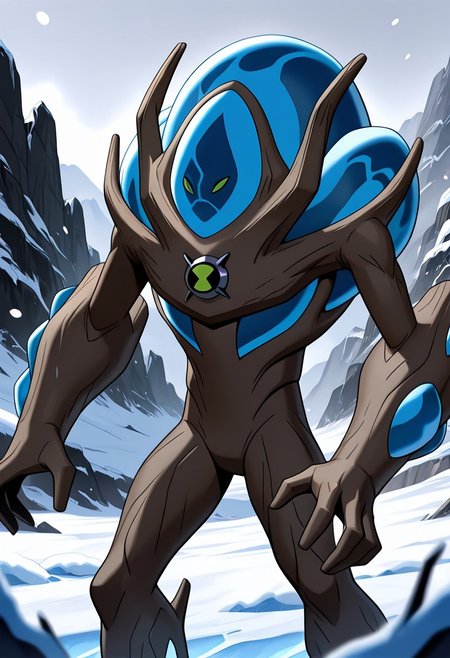 masterpiece, best quality, amazing quality, very aesthetic, absurdres, newest,
,ultswam, standing, pokemon (creature), solo, green eyes, monster,, alien, massive arms, no humans, 
frozen tundra, snow, foreground blur, ice construct, harsh ice winds,